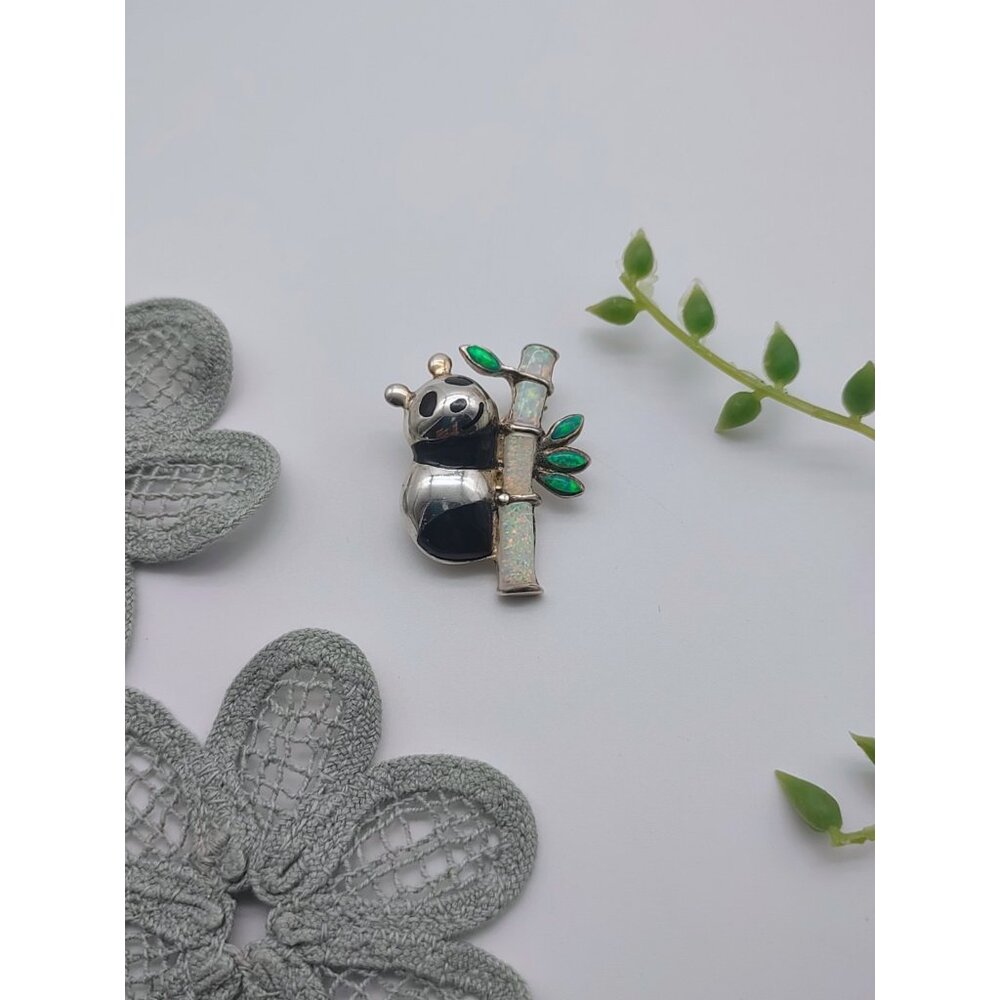 Vintage Rare Panda Bear on Bamboo, Silver, Black Enamel, Crushed Opal Brooch Pin